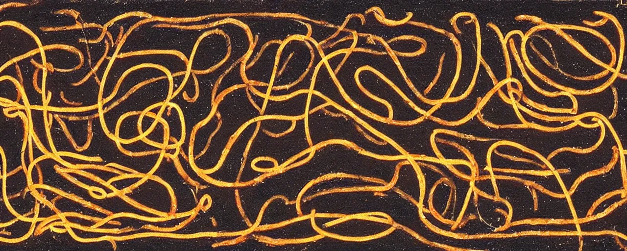 Prompt: ancient cave drawings of spaghetti, in the style of lascaux, fine detail,