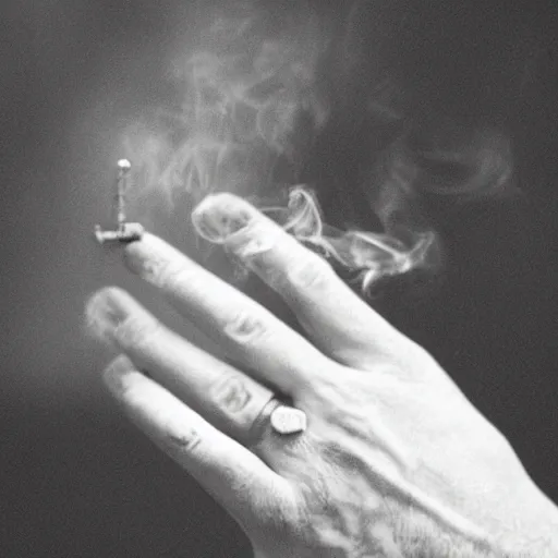 Image similar to normal man's hand with five fingers and a ring and a cigarette between the fingers