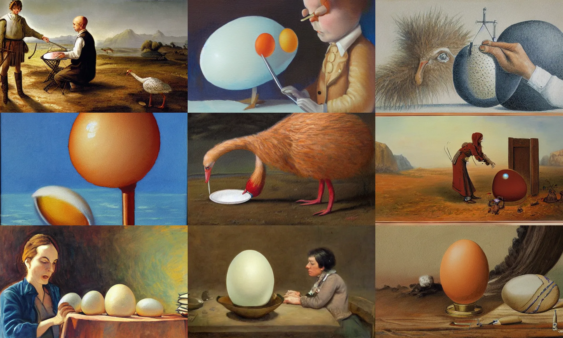 Prompt: Researcher measures an ostrich egg, fantasy, painting