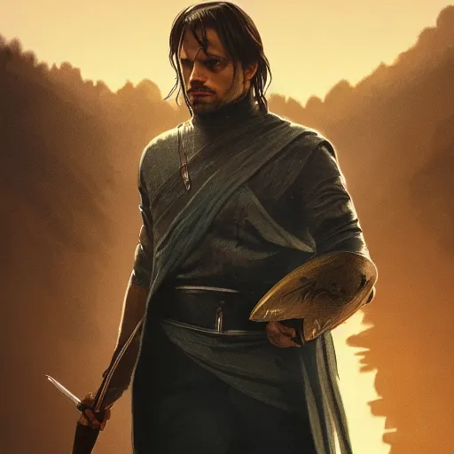 Prompt: sebastian stan as aragorn by ilya kuvshinov, leonardo divinci, greg rutkowski, alphonse mucha, mystical cosmic lighting, octane render, artstation, rey tracing, golden ratio, rule of thirds, perfect composition