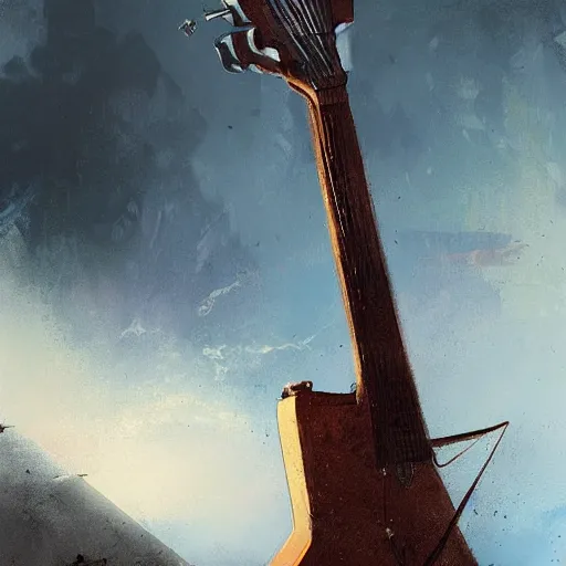 Image similar to flying v guitar in hand of man by greg rutkowski