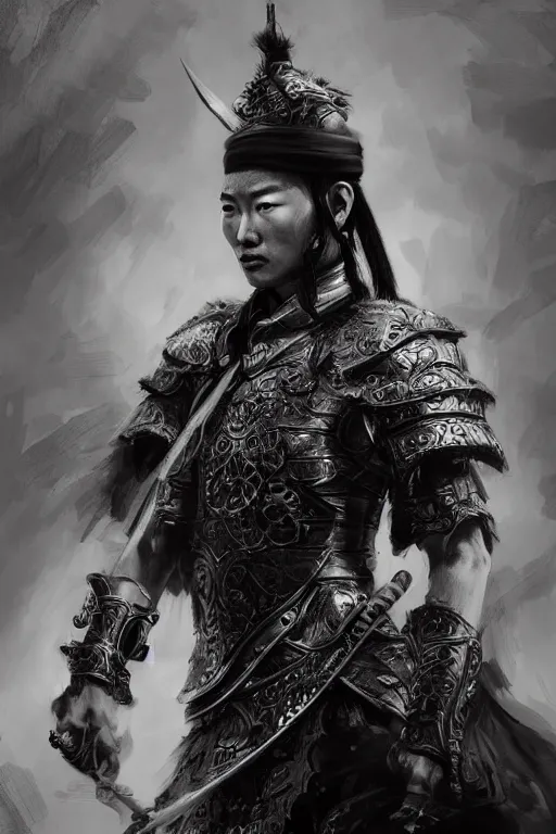 Image similar to chinese warrior, portrait, fierce, intricate, elegant, black and white volumetric lighting, scenery, digital painting, highly detailed, artstation, sharp focus, illustration, concept art, ruan jia, steve mccurry