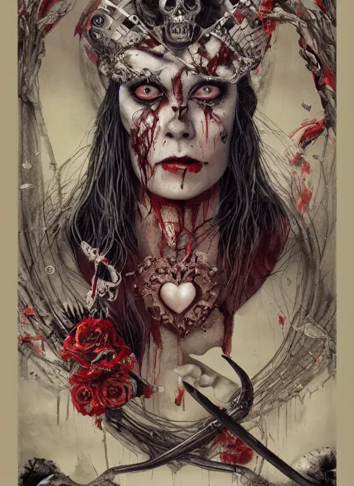 Image similar to Queen of Hearts, Alice in Wonderland, Death Tarot card,highly detailed,half skull face,cinematic,8k,by Stanley Artgermm,Tom Bagshaw,Greg Rutkowski,Carne Griffiths, Ayami Kojima, Beksinski, Giger,trending on DeviantArt,hyper detailed,horror, full of colour