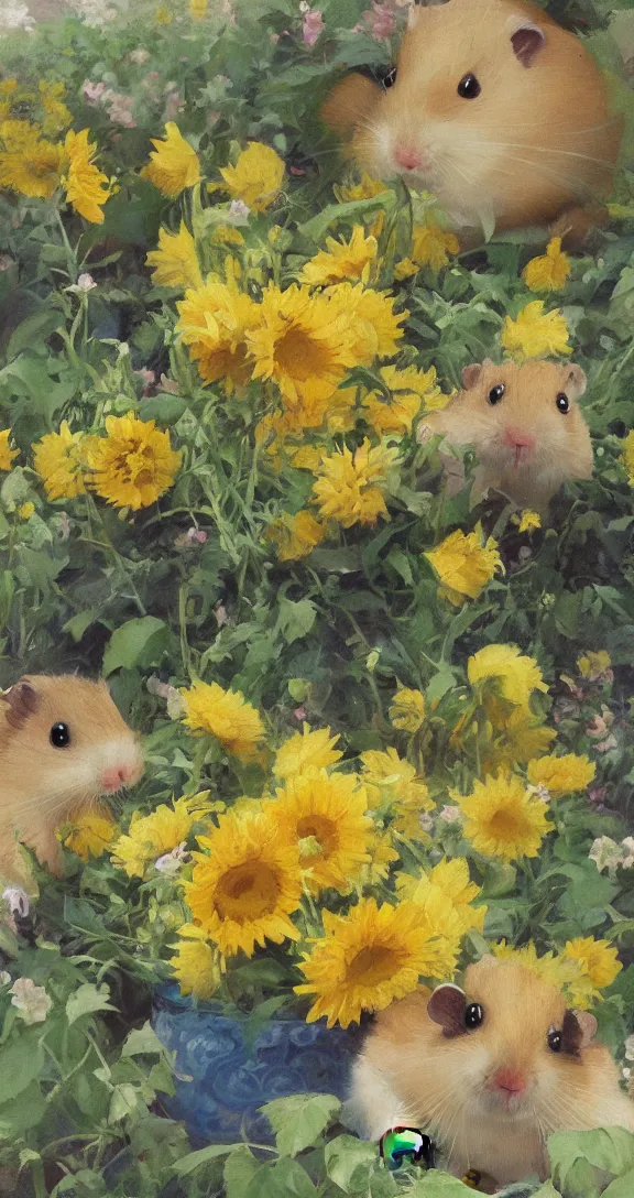 Image similar to a highly detailed beautiful portrait of a cute little hamster surrounded by beautiful lemons and sunflowers, by gregory manchess, james gurney, james jean