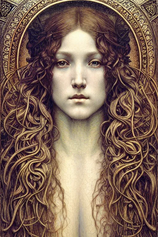 Image similar to detailed realistic beautiful young medieval queen face portrait by jean delville, gustave dore and marco mazzoni, art nouveau, symbolist, visionary, gothic, pre - raphaelite. horizontal symmetry