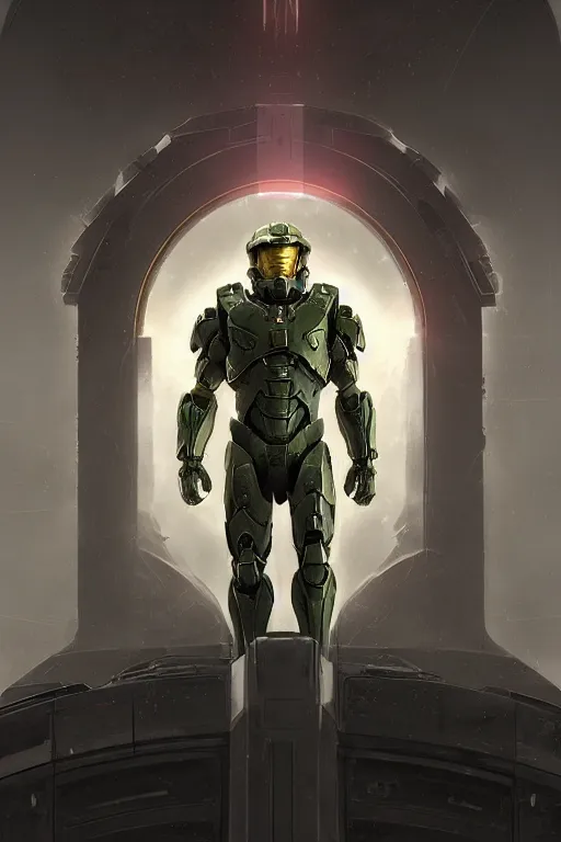 Image similar to portrait of master chief with a halo behind him, catholic religious art, sacred, halo, strong, imposing, biomechanical, by moebius and greg rutkowski and artgerm, octane render, trending on artstation