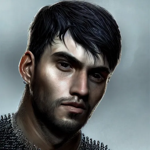 Prompt: realistic portrait, 30 year old man :: athletic, rough, angered :: short black hair :: chain mail :: high detail, digital art, RPG, concept art, illustration