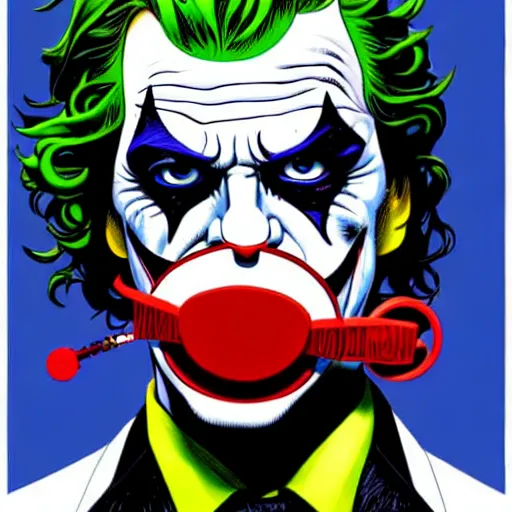 Prompt: a profile photo of a joker with a diving oxygen mask with side profile blood in ocean intricate details by MARVEL comics and Sandra Chevrier-C