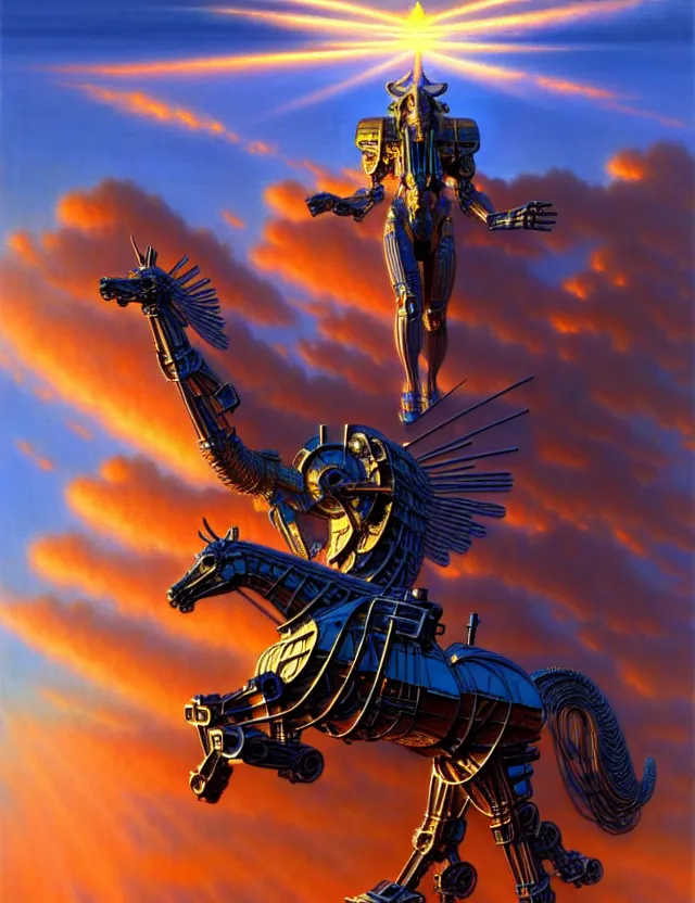 Prompt: a giant statue pegasus mecha, heavenly light, in the clouds, tim hildebrandt, wayne barlowe, bruce pennington, donato giancola, trending on artstation, cinematic composition, beautiful lighting, hyper detailed, 8 k, oil on canvas