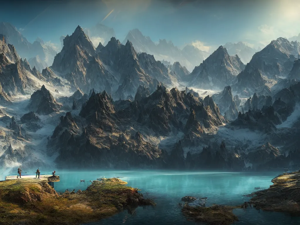 Image similar to a epic view of a mountainous lake, concept art, trending on, very detailed, unreal engine, 4 k, photoreal, volumetric lighting, light rays, epic composition, warm colors