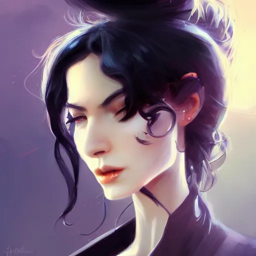 Image similar to Elegant woman with black hair, smoke around her, high detail, concept art background by john harris + andreas rocha, artwork by charlie bowater + artgerm + anato finnstark + ross tran