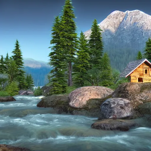 Image similar to « mountain in the background, a river in the middle ground, trees, a bear near a tree, glowing light, photorealistic, unreal engine 5, sharp focus, some rocks in the river, some birds in the sky, and a small woody house on the right far »