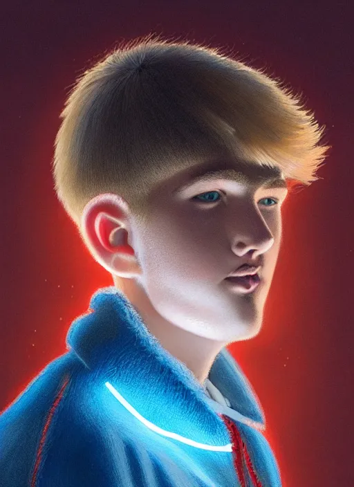 Image similar to portrait of high school senior boy named big moose, blonde short hair, jock, beefy, wide face, square jaw, square facial structure, blue varsity jacket with letter r, intricate, elegant, glowing lights, highly detailed, digital painting, artstation, concept art, sharp focus, illustration, art by wlop, mars ravelo and greg rutkowski