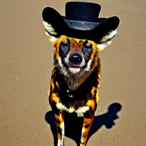 Image similar to A photo of the world's greatest sheriff: an african painted dog wearing a hat!