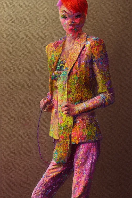 Image similar to a scene with a character wearing a super colorful muted color diy! suit, vivienne westwood!, detailed photoreal render octane render, pointillism, oil on canvas