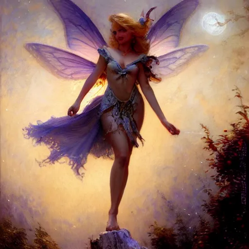 Image similar to attractive fairy magically floating high in the night, fantasy, full moon in background. highly detailed painting by gaston bussiere, craig mullins, j. c. leyendecker, mid shot, 8 k realistic, cryengine, frostbite 3 engine, sharp focus