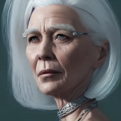 Image similar to elderly woman, white hair, gorgeous, amazing, elegant, intricate, highly detailed, digital painting, artstation, concept art, sharp focus, illustration, art by Ross tran