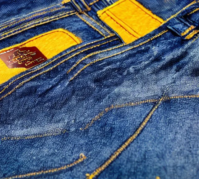 Image similar to a 4 k photorealistic photo full shot of a yellow and blue gun denim.