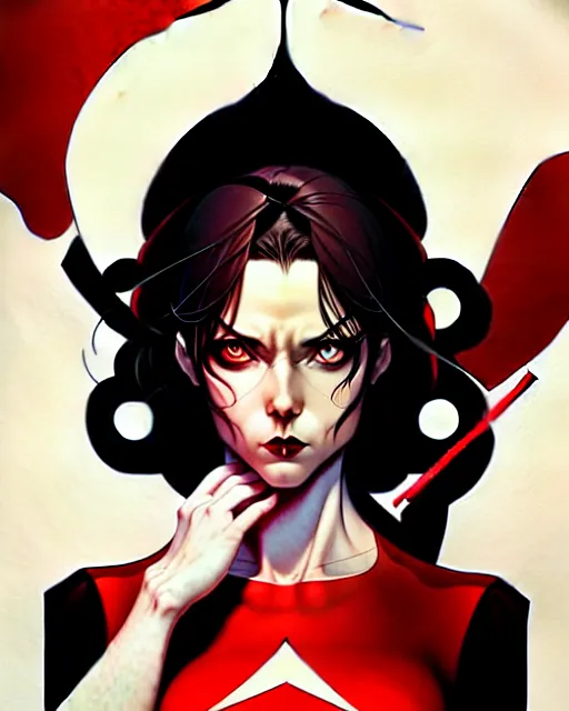 Image similar to artgerm, joshua middleton comic cover art, joanne calderwood, red dress, symmetrical eyes, symmetrical face, long curly black hair, dark castle background background, cinematic lighting