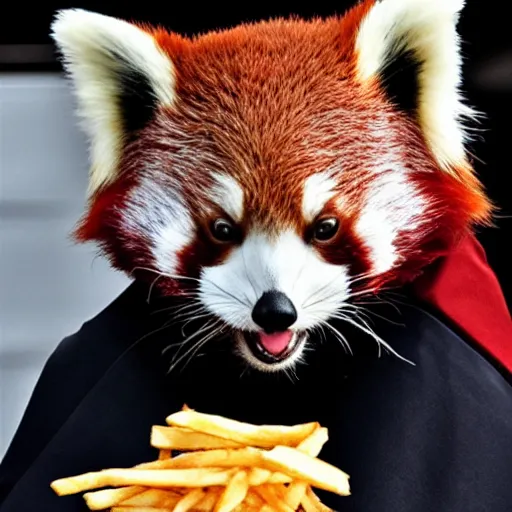 Prompt: red panda darth vader eating fries