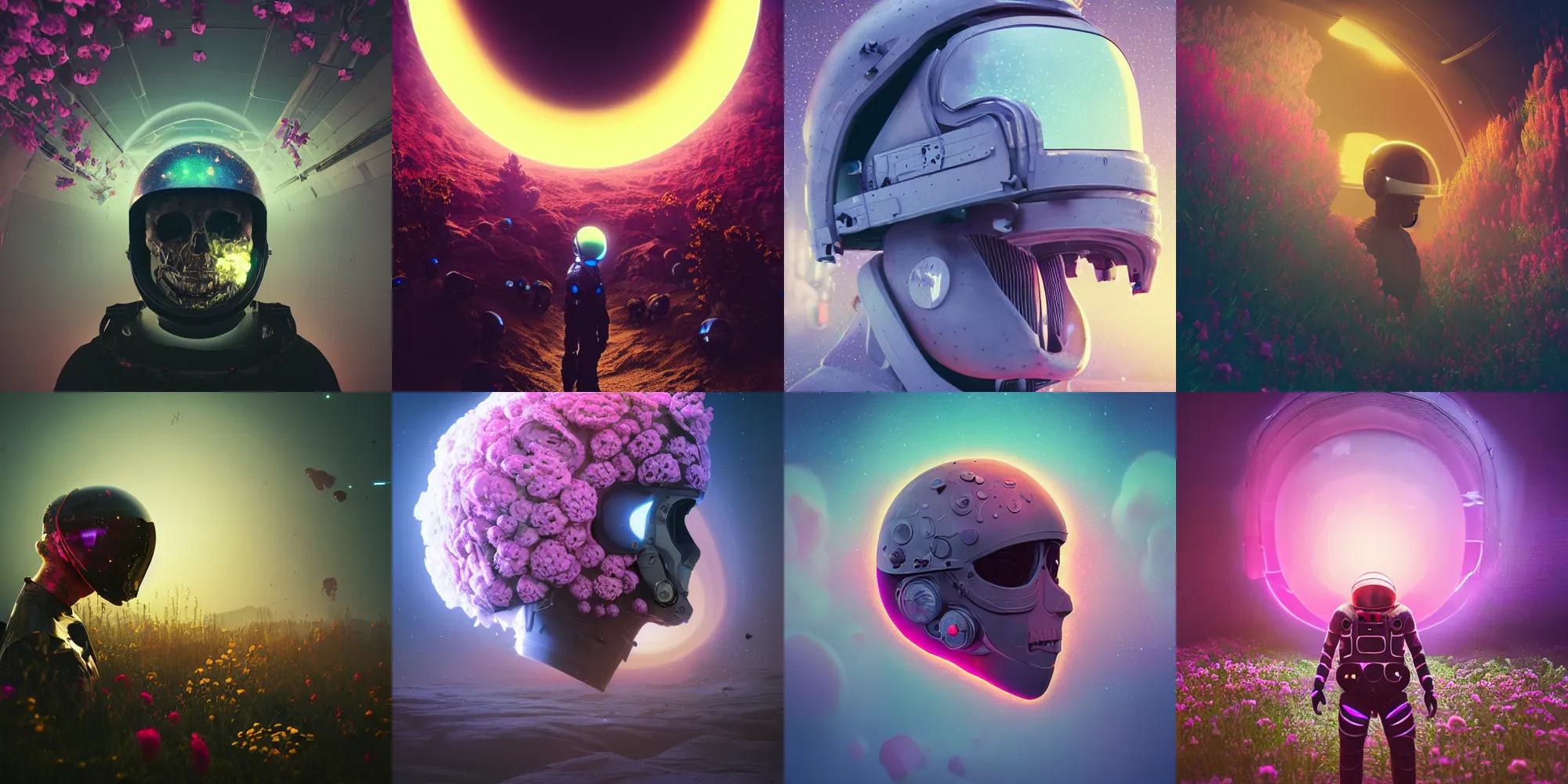 Image similar to beautiful dark landscape, astronaut cracked helmet skull head, beautiful flowers growing, in the style of beeple and mike winkelmann, intricate, epic lighting, cinematic composition, hyper realistic, 8 k resolution, unreal engine 5, raytracing, ultraviolet colors,