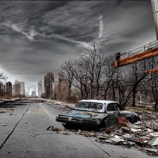 Image similar to new york abandoned, post apocalyptic, damage road