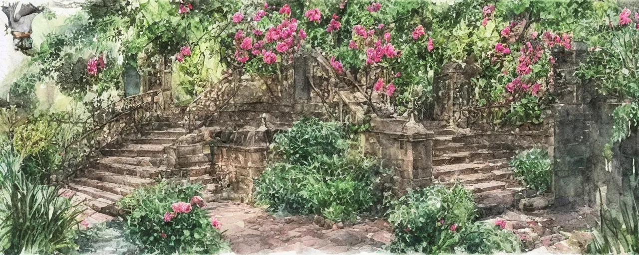 Prompt: isomeric view, stairway, delicate water in a botanic garden, garden road, sparrows, temple in a botanical herbarium paper, watercolor colored painting, iridescent colors, 8 k, realistic shaded, fine details, artstation, italian style, colonnade, flowers, architecture, roma