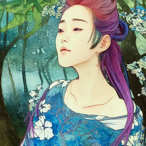 Prompt: side view a beautiful and inspiring intricate watercolor illustration artwork bright blue hair japanese beautiful sweet girl in the forest, feeling the nature, eyes closed, 4 k, ultra - wide angle, by william turner, by victo ngai, by alphonse mucha, by miho hirano, hd, trending on artstation, hyper detailed, muted colors, inspiring, beautiful, energetic