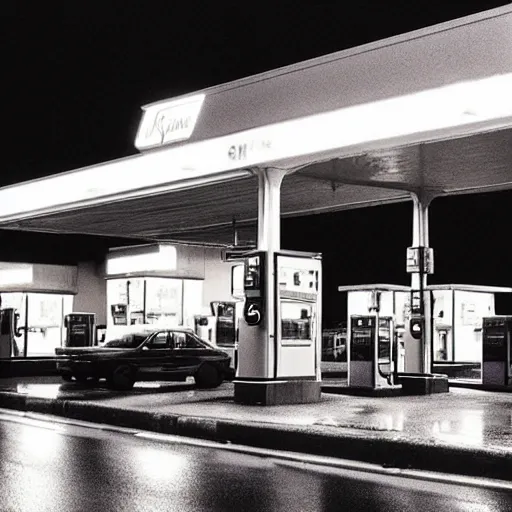 Prompt: “gas station photography,night,rain, various subjects, cinestill 800t, in the style of William eggleston”