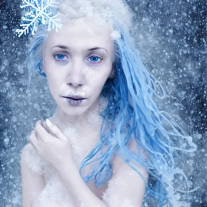 Prompt: full body portrait of a sickly looking woman dying of hypothermia, with very white skin and pale blue hair wearing a long white dress made out of snowflakes in the middle of a heavy snowstorm. blue lips. digital art by maromi sagi