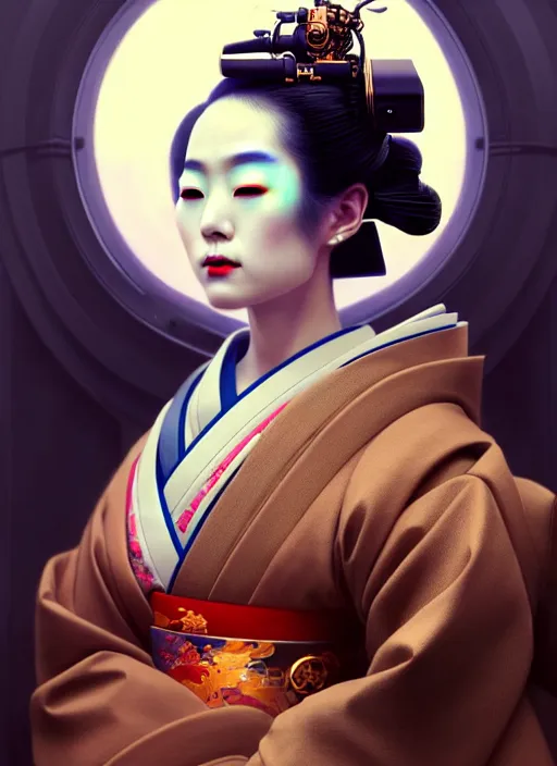 Image similar to beautiful japanese geisha wearing vr eyepiece, robotic, android, cyborg, cyberpunk face, steampunk, fantasy, intricate, elegant, highly detailed, colorful, vivid color, digital painting, cinematic lighting, artstation, concept art, art by artgerm and greg rutkowski and ruan jia,