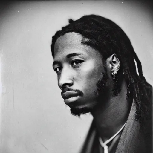 Image similar to a vintage photograph of the Rapper Future by Julia Margaret Cameron, portrait, 40mm lens, shallow depth of field, split lighting