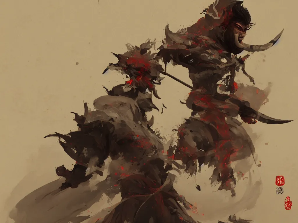 Image similar to samurai with demon mask, old japanese room on backround, artstation, cgsociety, greg rutkowski, wlop