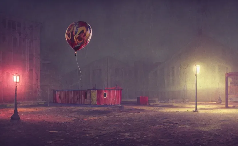 Prompt: abandoned circus at night, gloomy and foggy atmosphere, colorful balloons, octane render, rembrandt, cgsociety, artstation trending, horror scene, highly detailded