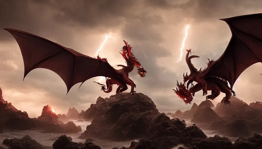 Image similar to two dragons duelling in the sky, angry fighting, epic stormy weather, fantasy art, octane render, high detail, 8k, unreal engine 5, photorealistic, dragon breath, in the style of Greg Rutkowski,