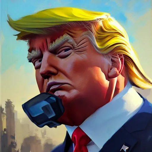 Image similar to greg manchess portrait painting of donald trump as overwatch character, medium shot, asymmetrical, profile picture, organic painting, sunny day, matte painting, bold shapes, hard edges, street art, trending on artstation, by huang guangjian and gil elvgren and sachin teng