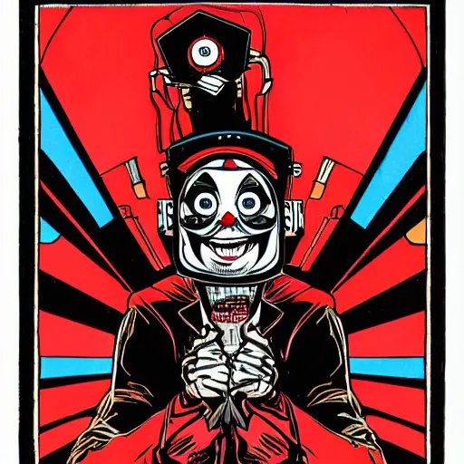 Image similar to Illustrated by Shepard Fairey and H.R. Geiger | Cyberpunk Clown Vampire with VR helmet, surrounded by cables