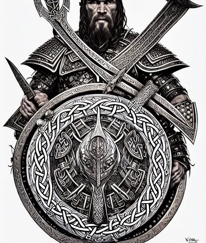 Image similar to knotwork with center viking warrior, extremely detailed, bold line art, by vincent di fate and joe fenton and artgerm, holding shield and sword, centered, inking, etching, screen print, inkblots of color, masterpiece, trending on artstation, sharp, high contrast, hyper realistic, hd, 4 k, 8 k