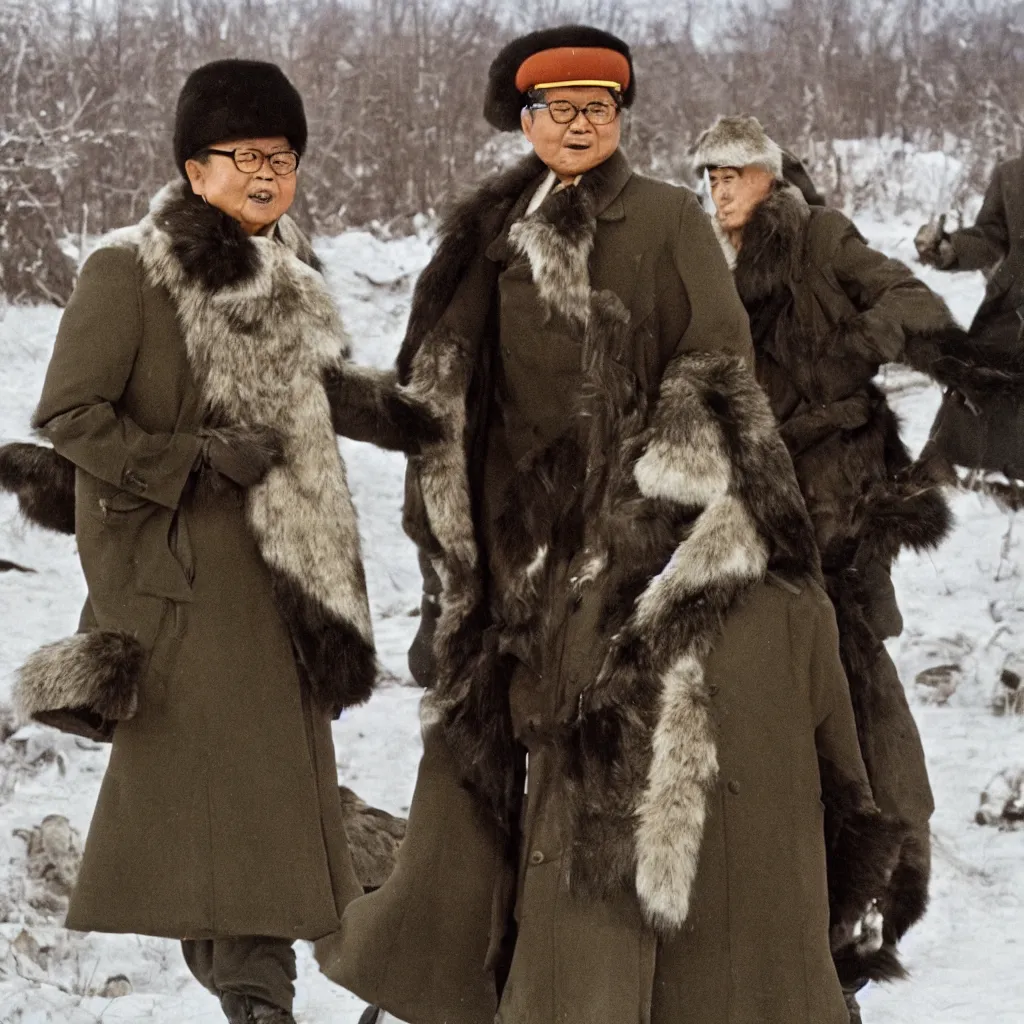 Image similar to filmstill of Kim Jong-il wearing a furry chapka and playing the role of Omar Sharif in Doctor Zhivago by David Lean, 1965, cinemascope, Eastman Color Negative 50T 5251 Neg. Film, epic romance
