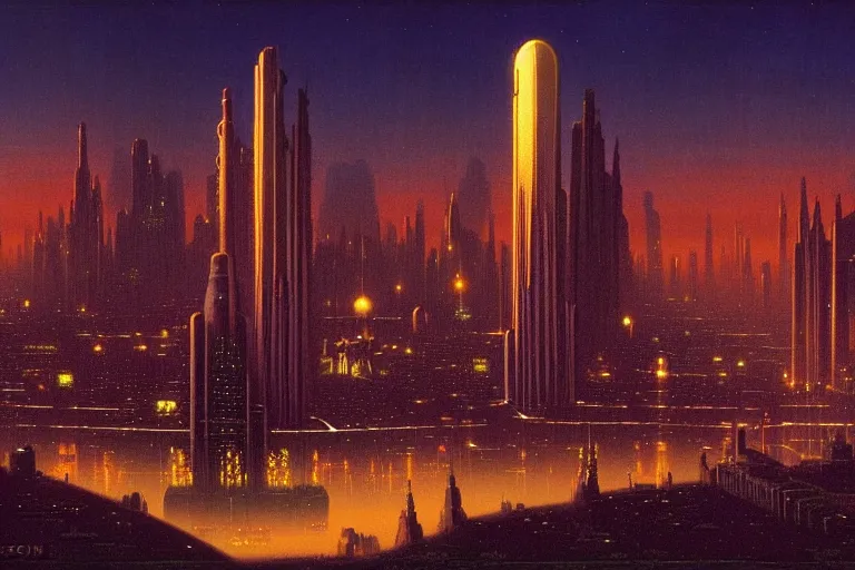 Image similar to a scifi illustration, Night City on Coruscant by martin johnson heade