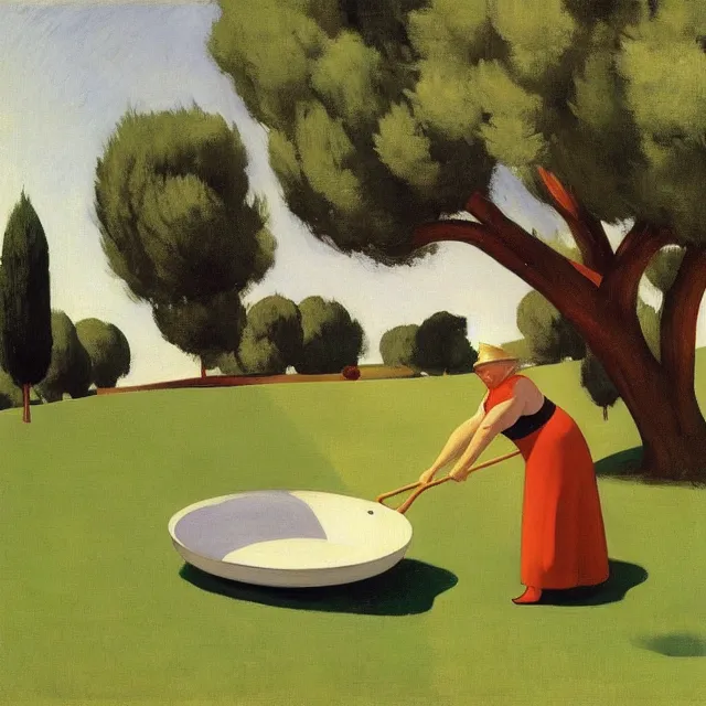 Prompt: a fat old lady with a very large frying pan in her hand on a lawn surrounded by olive trees edward hopper