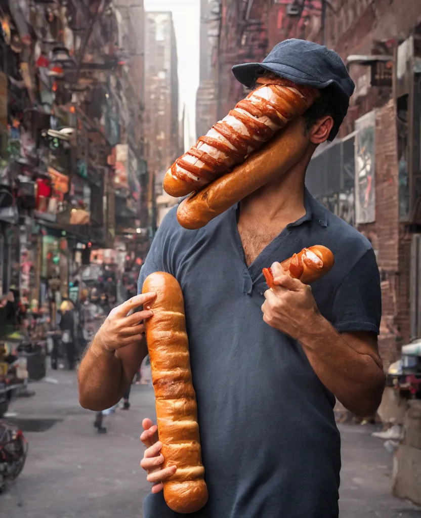 Image similar to closeup portrait of a man carrying a giant hotdog on his shoulder in a smoky new york back street, by Annie Leibovitz and Steve McCurry, natural light, detailed face, CANON Eos C300, ƒ1.8, 35mm, 8K, medium-format print