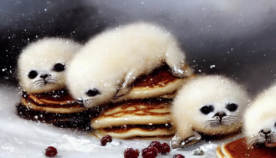 Image similar to highly detailed closeup painting of cute furry white baby seals in a pile of jam pancakes in the snow by william turner, by greg rutkowski, by william constable, thick brush strokes and visible paint layers, 4 k resolution