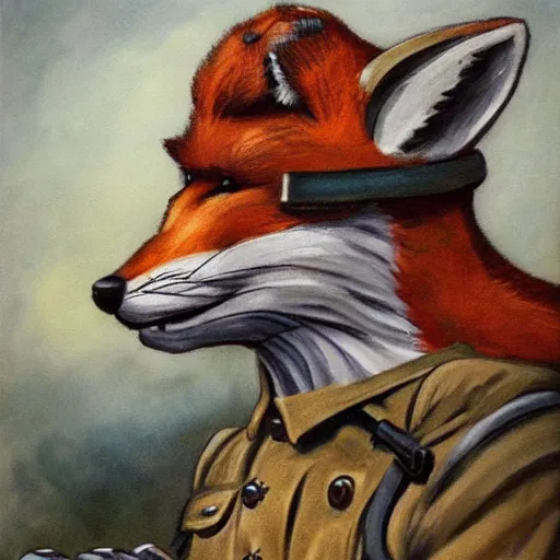 Prompt: 8k UHD, painting in the style of WW1 propaganda, trending on artstation: (subject = anthropomorphic fox soldier resting in a trench + subject detail = fox head, anthropomorphic, high detail, high texture detail)