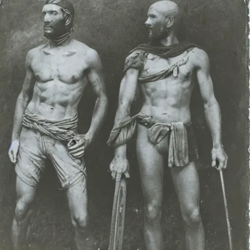 Image similar to spartan man and his helot slave, helot, ancient sparta, daguerreotype photograph, ancient photograph