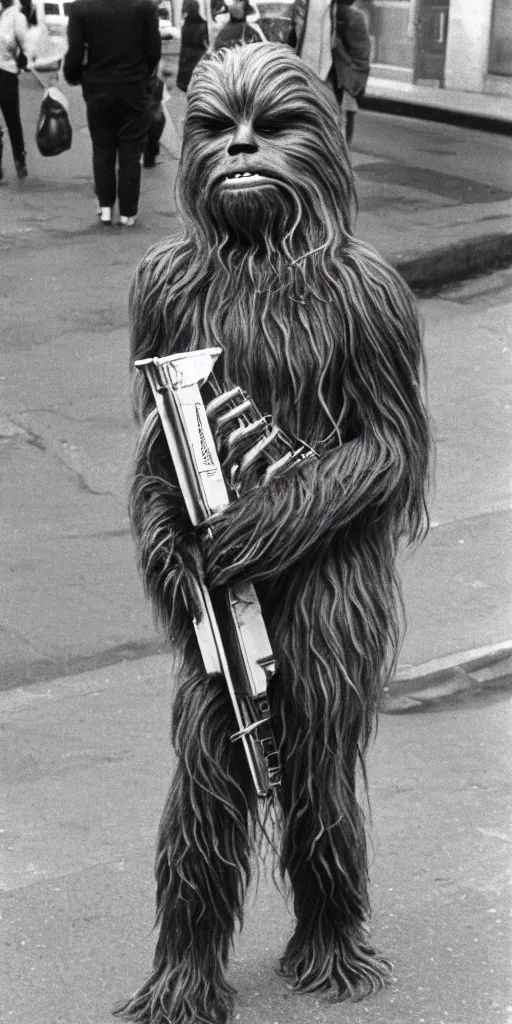 Prompt: 1 9 8 0 ies photo of chewbacca standing on the streets of rochester, england