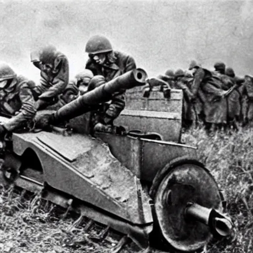 Prompt: a towed gun, eastern front, ww 2, historical picture