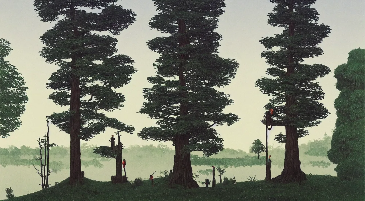 Image similar to single flooded simple wooden tree tower!, very coherent and colorful high contrast!! masterpiece by rene magritte simon stalenhag carl spitzweg syd mead norman rockwell edward hopper james gilleard, minimalist, dark shadows, sunny day, hard lighting