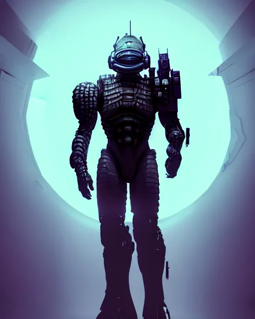 Image similar to Sci-Fi Crocodile alien, armored, big, art by Kashin, Wadim, Martinière, Stephan, holding rifle, sharp focus, pitch black cursed evil Spaceship hallway, dark light, soft purple glow, heroic pose, sci-fi artwork, octane render, dead space artwork, cyberpunk, warm light, occult, magical, volumetric lighting, 8k high definition, highly detailed, trending on art Station, centered, by Greg Rutkovski, sci-fi artwork, arnold render