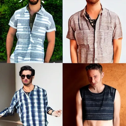 Prompt: “ a grid of four example outfits of male summer fashion, sustainable, solar punk aesthetic, beachy summery, comfortable, cool, breathable ”